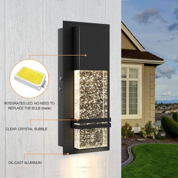 LED Integrated Outdoor Wall Light, Modern Exterior Wall Sconce with Crystal Bubble Glass, 12W 3000K Wall Mount Lighting Matte Black Finish Porch Light for Living Room Entryway Doorway 2 Pack