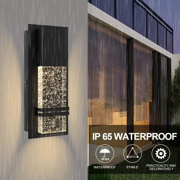 LED Integrated Outdoor Wall Light, Modern Exterior Wall Sconce with Crystal Bubble Glass, 12W 3000K Wall Mount Lighting Matte Black Finish Porch Light for Living Room Entryway Doorway 2 Pack