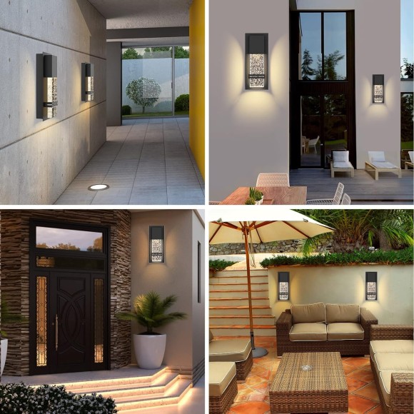 LED Integrated Outdoor Wall Light, Modern Exterior Wall Sconce with Crystal Bubble Glass, 12W 3000K Wall Mount Lighting Matte Black Finish Porch Light for Living Room Entryway Doorway 2 Pack