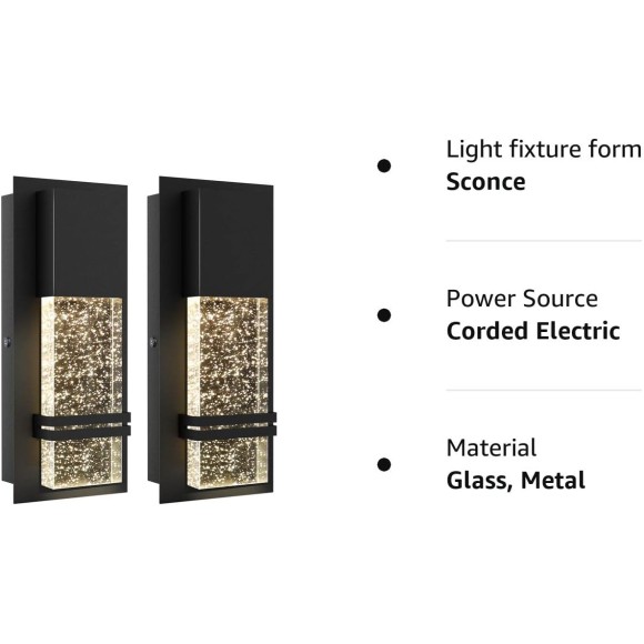 LED Integrated Outdoor Wall Light, Modern Exterior Wall Sconce with Crystal Bubble Glass, 12W 3000K Wall Mount Lighting Matte Black Finish Porch Light for Living Room Entryway Doorway 2 Pack