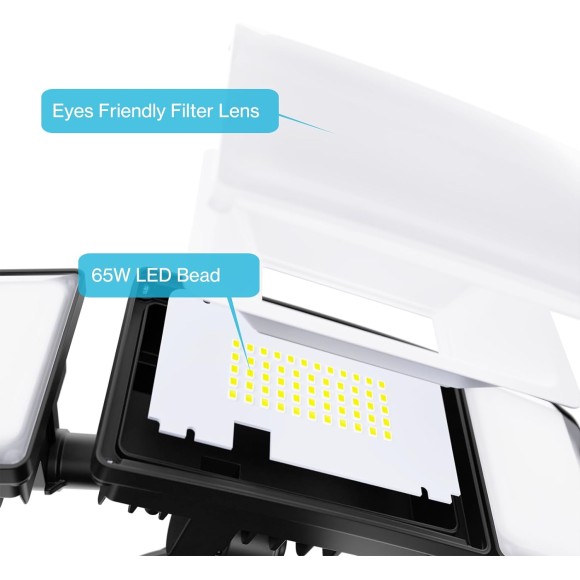65W Motion Sensor Outdoor Lights, 6000lm Adjustable 3-Head LED Flood Lights Outdoor with Motion Detection, IP65 Waterproof Security Lights for Driveway, Garage, Porch, Yard Black