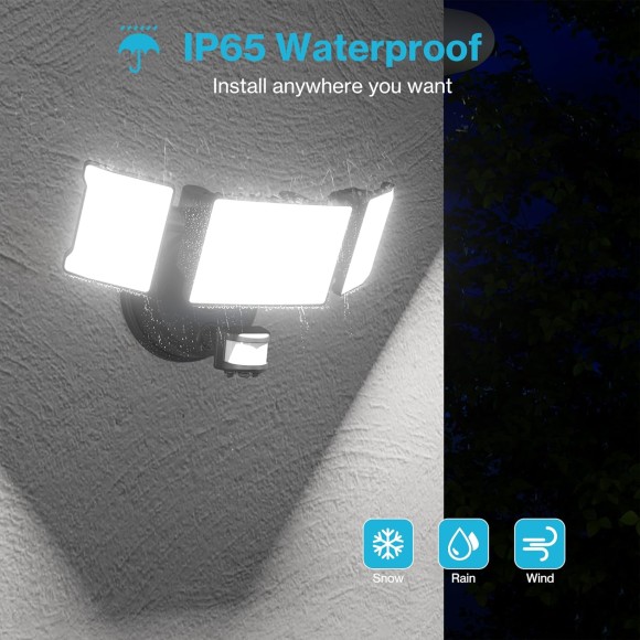65W Motion Sensor Outdoor Lights, 6000lm Adjustable 3-Head LED Flood Lights Outdoor with Motion Detection, IP65 Waterproof Security Lights for Driveway, Garage, Porch, Yard Black