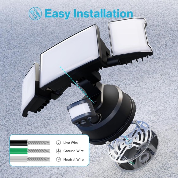 65W Motion Sensor Outdoor Lights, 6000lm Adjustable 3-Head LED Flood Lights Outdoor with Motion Detection, IP65 Waterproof Security Lights for Driveway, Garage, Porch, Yard Black