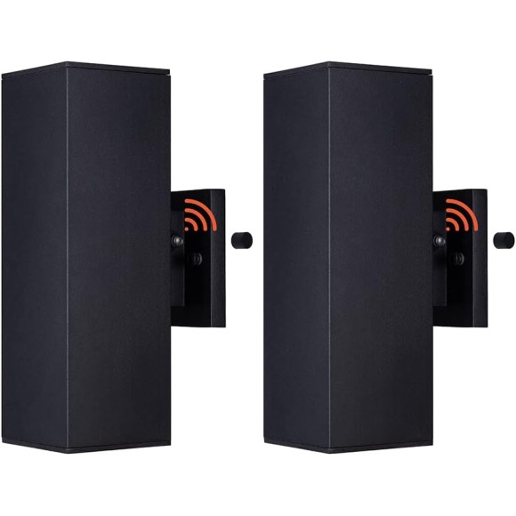 Modern Outdoor Porch Light Patio Light in 2 Lights Photocell Sensor with Matte Black Aluminum Rectangular Tube and Tempered Glass Cover Waterproof Wall Sconce 2 Pack