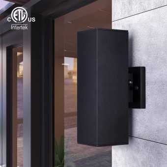 Modern Outdoor Porch Light Patio Light in 2 Lights Photocell Sensor with Matte Black Aluminum Rectangular Tube and Tempered Glass Cover Waterproof Wall Sconce 2 Pack