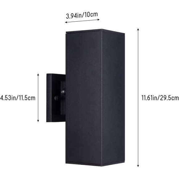 Modern Outdoor Porch Light Patio Light in 2 Lights Photocell Sensor with Matte Black Aluminum Rectangular Tube and Tempered Glass Cover Waterproof Wall Sconce 2 Pack