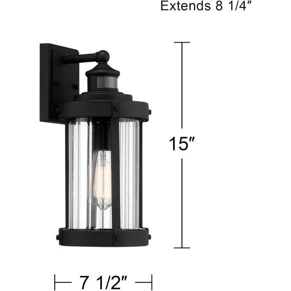 Stan Modern Industrial Outdoor Wall Light Fixture Textured Black Metal 15" Clear Ribbed Glass for Exterior House Porch Patio Outside Deck Garage Yard Front Door Garden Home