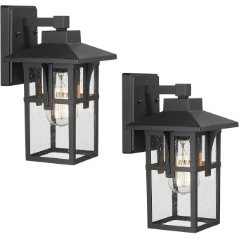 Outdoor Wall Light 2 Pack, Exterior Wall Sconce Light Fixtures with Seeded Glass, Farmhouse 1-Light Porch Light Waterproof for Patio Balcony Indoor, Matte Black, 5HX62B-2PK BK