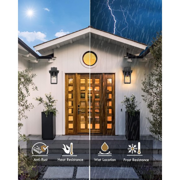 Outdoor Wall Light 2 Pack, Exterior Wall Sconce Light Fixtures with Seeded Glass, Farmhouse 1-Light Porch Light Waterproof for Patio Balcony Indoor, Matte Black, 5HX62B-2PK BK
