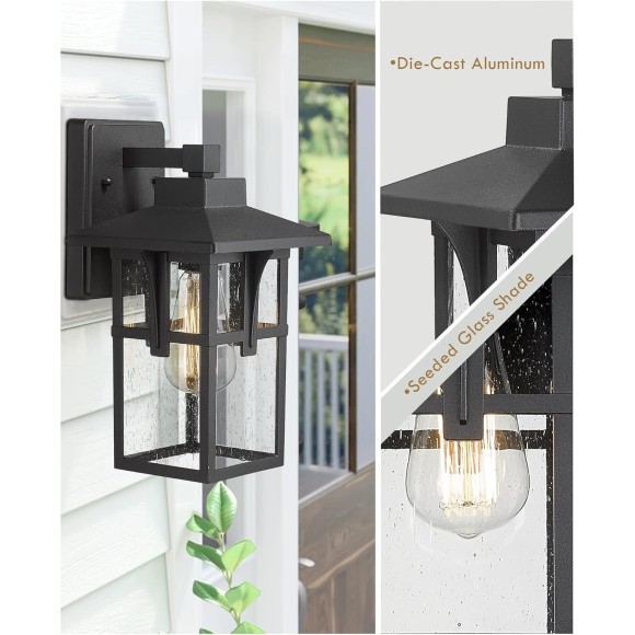 Outdoor Wall Light 2 Pack, Exterior Wall Sconce Light Fixtures with Seeded Glass, Farmhouse 1-Light Porch Light Waterproof for Patio Balcony Indoor, Matte Black, 5HX62B-2PK BK