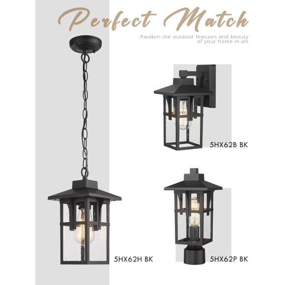 Outdoor Wall Light 2 Pack, Exterior Wall Sconce Light Fixtures with Seeded Glass, Farmhouse 1-Light Porch Light Waterproof for Patio Balcony Indoor, Matte Black, 5HX62B-2PK BK
