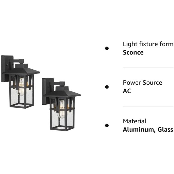Outdoor Wall Light 2 Pack, Exterior Wall Sconce Light Fixtures with Seeded Glass, Farmhouse 1-Light Porch Light Waterproof for Patio Balcony Indoor, Matte Black, 5HX62B-2PK BK