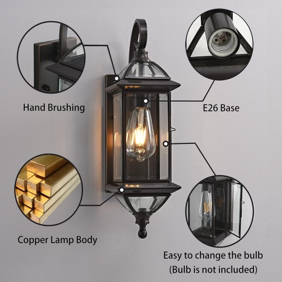 18.5" H Copper Outdoor Wall Lights Exterior Waterproof Wall Sconce Light Fixture E26 Socket Oil Rubbed Bronze Porch Light with Clear Glass Lantern Wall Lamp for Front Porch Garage Patio