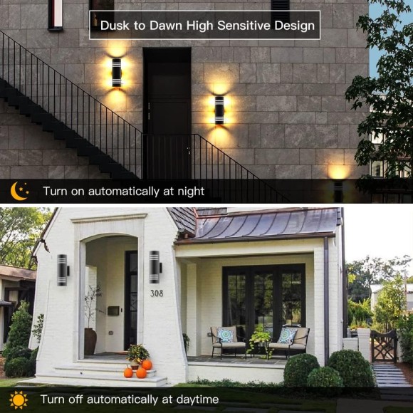 Outdoor Light Fixtures, Photocell Up Down Wall Porch Lights, Cylinder Black Exterior Wall Sconce, Anti-Rust Waterproof Wall Lantern for Doorway, Garage, Patio（2 Packs）