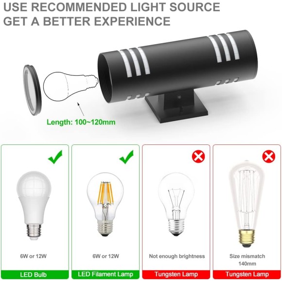 Outdoor Light Fixtures, Photocell Up Down Wall Porch Lights, Cylinder Black Exterior Wall Sconce, Anti-Rust Waterproof Wall Lantern for Doorway, Garage, Patio（2 Packs）
