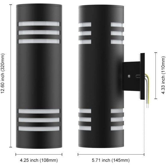 Outdoor Light Fixtures, Photocell Up Down Wall Porch Lights, Cylinder Black Exterior Wall Sconce, Anti-Rust Waterproof Wall Lantern for Doorway, Garage, Patio（2 Packs）