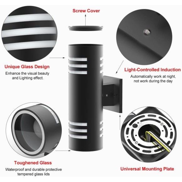 Outdoor Light Fixtures, Photocell Up Down Wall Porch Lights, Cylinder Black Exterior Wall Sconce, Anti-Rust Waterproof Wall Lantern for Doorway, Garage, Patio（2 Packs）