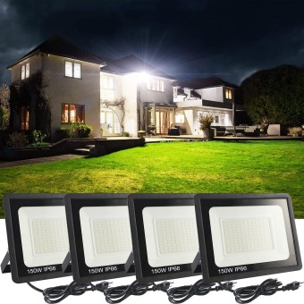 4Pack 150W LED Flood Light Outdoor,15500LM LED Work Light with US Plug,6000K Daylight White,IP67 Waterproof Outdoor Floodlights for Yard,Garden,Playground