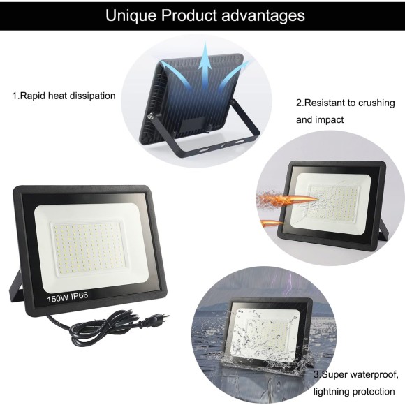 4Pack 150W LED Flood Light Outdoor,15500LM LED Work Light with US Plug,6000K Daylight White,IP67 Waterproof Outdoor Floodlights for Yard,Garden,Playground