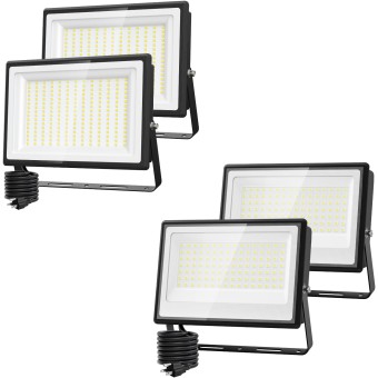 2 Pack 100W & 200W LED Flood Light Outdoor, Super Bright Work Lights Plug in, 6500K, IP66 Waterproof Exterior Floodlight for Stadium Yard Barn