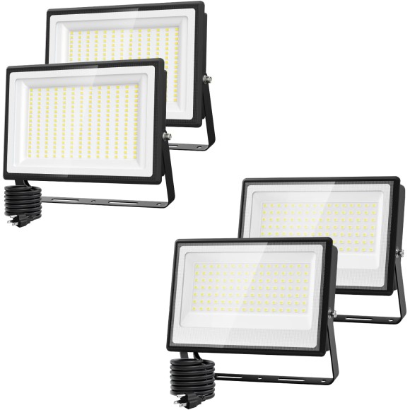 2 Pack 100W & 200W LED Flood Light Outdoor, Super Bright Work Lights Plug in, 6500K, IP66 Waterproof Exterior Floodlight for Stadium Yard Barn