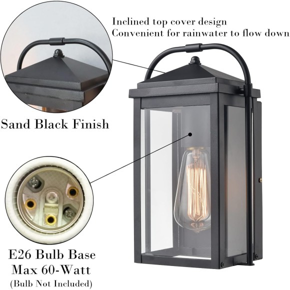Outdoor Wall Lights Black Anti-Rust Exterior Wall Sconce Light Fixture Waterproof Clear Glass Outdoor Wall Lantern Light for Patio, Porch, Garage, Front Door