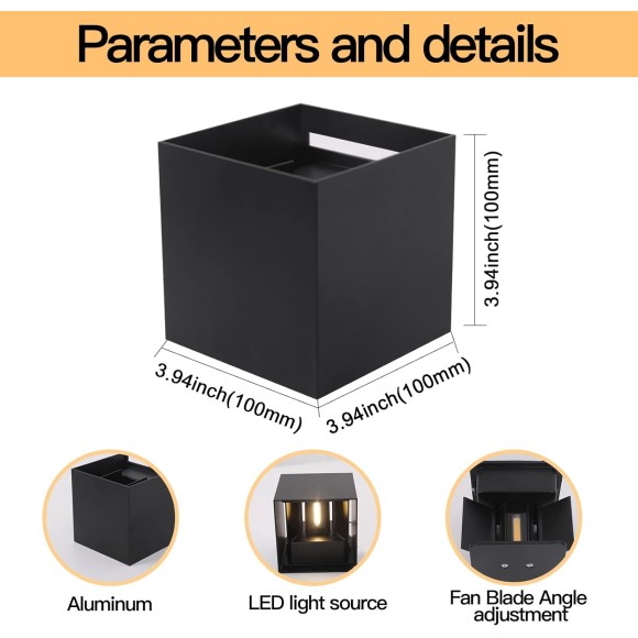 Mille Lucciole 4 Pack Outdoor Wall Lights Exterior/Interior LED Wall Sconces IP65 Waterproof Square Aluminum Wall Lamps Outdoor Lighting Fixture Up and Down Lights Modern Black 12W 3000K Warm Lights