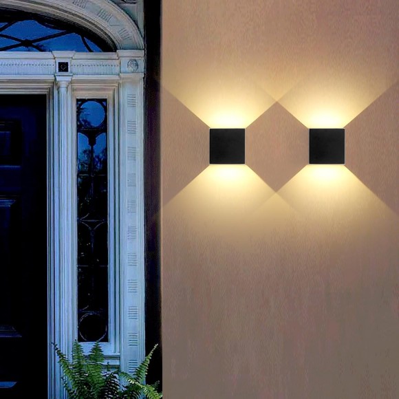 Mille Lucciole 4 Pack Outdoor Wall Lights Exterior/Interior LED Wall Sconces IP65 Waterproof Square Aluminum Wall Lamps Outdoor Lighting Fixture Up and Down Lights Modern Black 12W 3000K Warm Lights