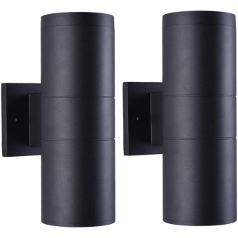 Modern Outdoor Porch Light Patio Light in 2 Lights with Matte Black Aluminum Cylinder and Tempered Glass Cover Waterproof Wall Sconce 2pcs with Photocell 2pcs without Photocell
