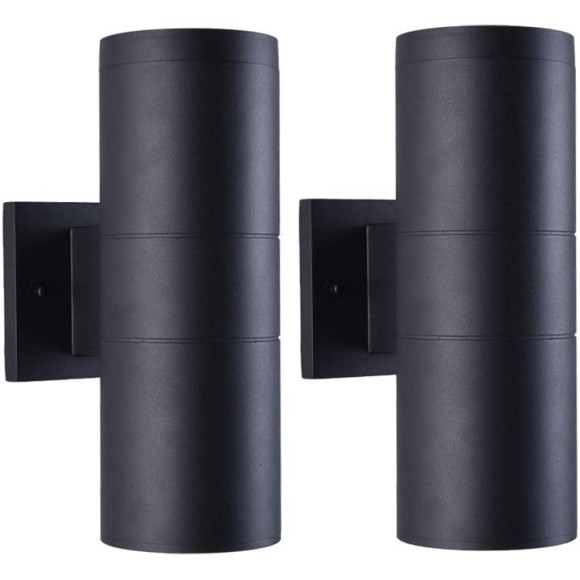 Modern Outdoor Porch Light Patio Light in 2 Lights with Matte Black Aluminum Cylinder and Tempered Glass Cover Waterproof Wall Sconce 2pcs with Photocell 2pcs without Photocell
