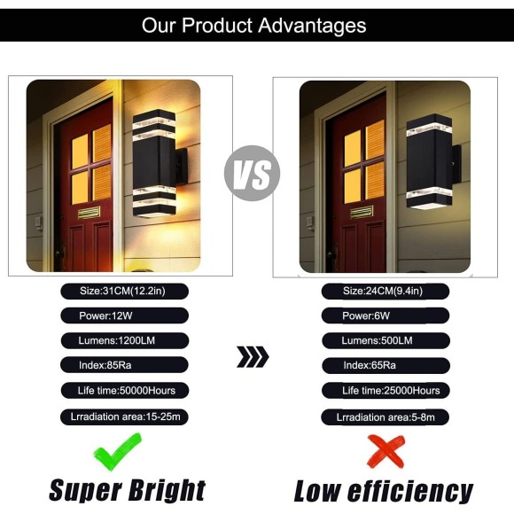 6Pack 12inch LED Square Up&Down Wall Lights 14W 4000K Day White Outdoor Wall Light Aluminum Body Waterproof IP65 led Porch Light for House Patio Garage Garden(No sensor)