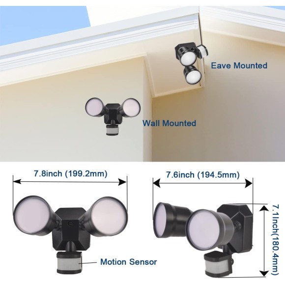Exterior Motion Sensor Light, Floodlight 5000K, Always On or Motion Detect On/Off Security Light 28W Waterproof, 120V Eave Mount Spotlight for Garage Backyard (1Pack, Black)
