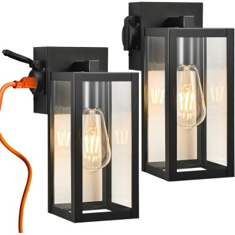 Outdoor Lights with Outlet, Wall Lantern Porch Light Fixtures Exterior Waterproof Wall Sconce, Clear Glass, Black Wall Lights for House Garage House Outside Garage, 2-Pack