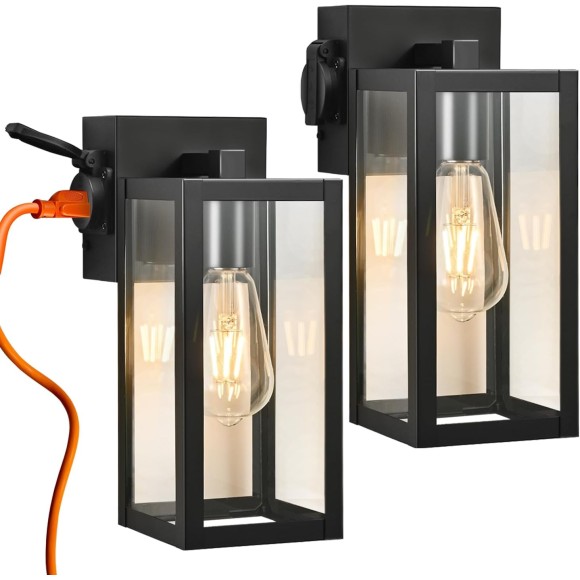 Outdoor Lights with Outlet, Wall Lantern Porch Light Fixtures Exterior Waterproof Wall Sconce, Clear Glass, Black Wall Lights for House Garage House Outside Garage, 2-Pack
