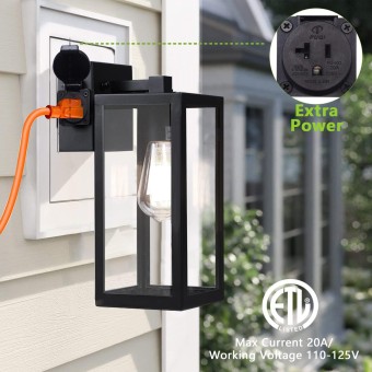 Outdoor Lights with Outlet, Wall Lantern Porch Light Fixtures Exterior Waterproof Wall Sconce, Clear Glass, Black Wall Lights for House Garage House Outside Garage, 2-Pack