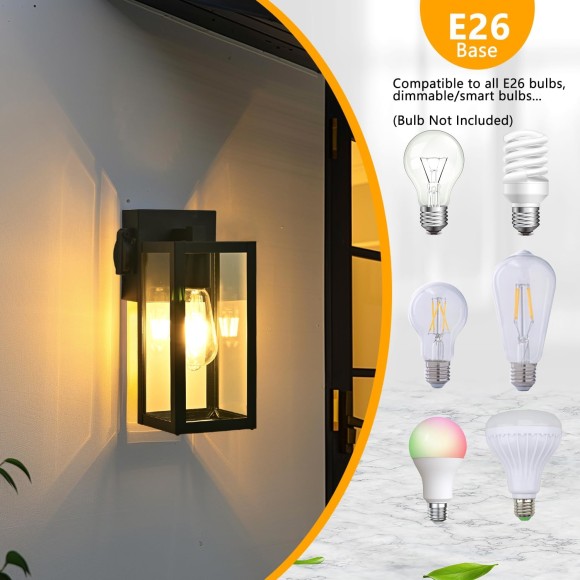 Outdoor Lights with Outlet, Wall Lantern Porch Light Fixtures Exterior Waterproof Wall Sconce, Clear Glass, Black Wall Lights for House Garage House Outside Garage, 2-Pack