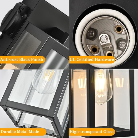 Outdoor Lights with Outlet, Wall Lantern Porch Light Fixtures Exterior Waterproof Wall Sconce, Clear Glass, Black Wall Lights for House Garage House Outside Garage, 2-Pack