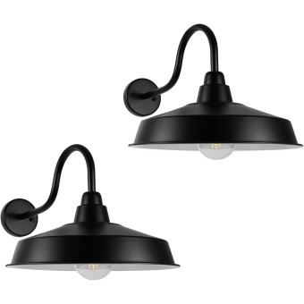 Gooseneck Barn Light Outdoor, 16 Inch Dome Large Farmhouse Exterior Light Fixture Wall Mount, Industrial Outdoor Wall Sconce Outside for House, Shop, Front Porch, Garage, Entryway, Black, 2 Pack