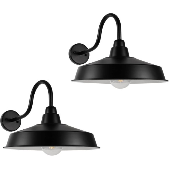 Gooseneck Barn Light Outdoor, 16 Inch Dome Large Farmhouse Exterior Light Fixture Wall Mount, Industrial Outdoor Wall Sconce Outside for House, Shop, Front Porch, Garage, Entryway, Black, 2 Pack