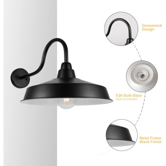 Gooseneck Barn Light Outdoor, 16 Inch Dome Large Farmhouse Exterior Light Fixture Wall Mount, Industrial Outdoor Wall Sconce Outside for House, Shop, Front Porch, Garage, Entryway, Black, 2 Pack