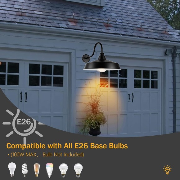 Gooseneck Barn Light Outdoor, 16 Inch Dome Large Farmhouse Exterior Light Fixture Wall Mount, Industrial Outdoor Wall Sconce Outside for House, Shop, Front Porch, Garage, Entryway, Black, 2 Pack