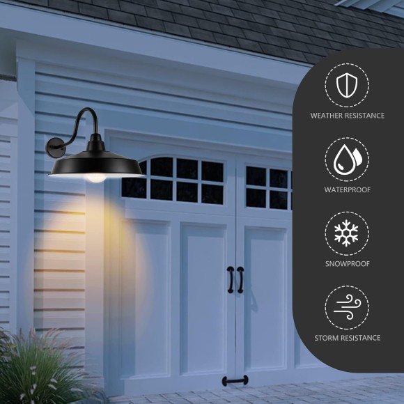 Gooseneck Barn Light Outdoor, 16 Inch Dome Large Farmhouse Exterior Light Fixture Wall Mount, Industrial Outdoor Wall Sconce Outside for House, Shop, Front Porch, Garage, Entryway, Black, 2 Pack