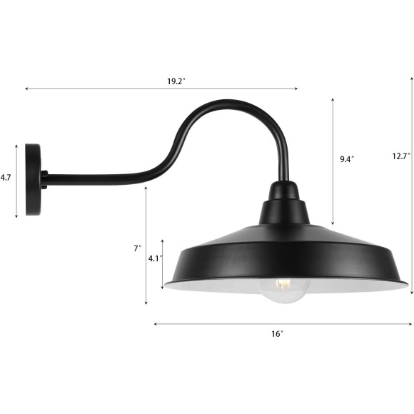 Gooseneck Barn Light Outdoor, 16 Inch Dome Large Farmhouse Exterior Light Fixture Wall Mount, Industrial Outdoor Wall Sconce Outside for House, Shop, Front Porch, Garage, Entryway, Black, 2 Pack