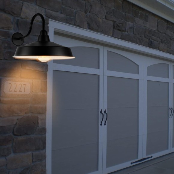 Gooseneck Barn Light Outdoor, 16 Inch Dome Large Farmhouse Exterior Light Fixture Wall Mount, Industrial Outdoor Wall Sconce Outside for House, Shop, Front Porch, Garage, Entryway, Black, 2 Pack