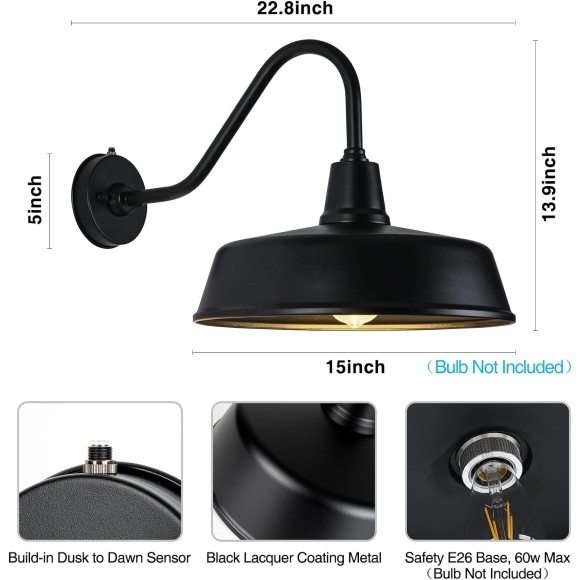 Gooseneck Barn-Lights Outdoor Fixture - 15 inch Farm Style Black Large Lighting Farmhouse Exterior Sconce Wall Light for House, Sensor Front Door Porch Garage (15 inch)