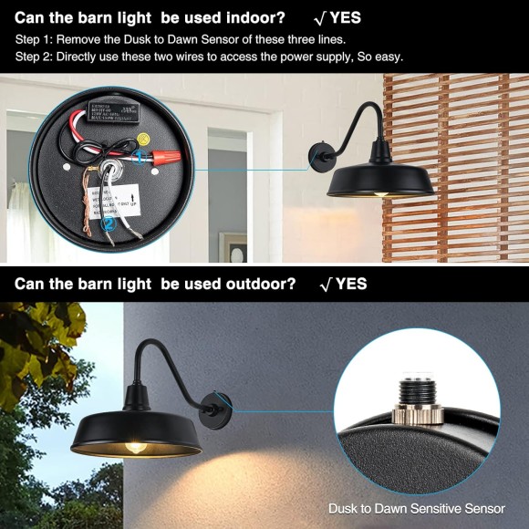 Gooseneck Barn-Lights Outdoor Fixture - 15 inch Farm Style Black Large Lighting Farmhouse Exterior Sconce Wall Light for House, Sensor Front Door Porch Garage (15 inch)