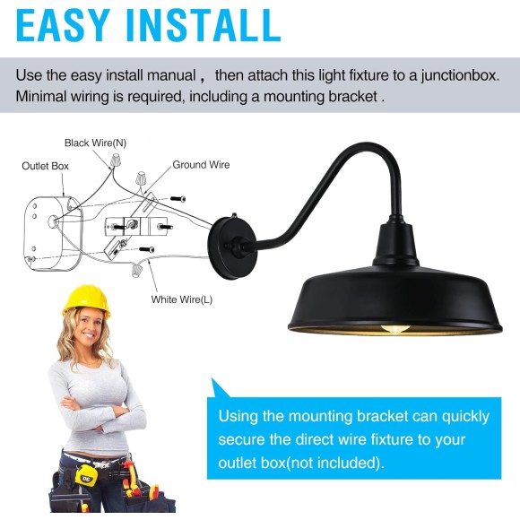 Gooseneck Barn-Lights Outdoor Fixture - 15 inch Farm Style Black Large Lighting Farmhouse Exterior Sconce Wall Light for House, Sensor Front Door Porch Garage (15 inch)