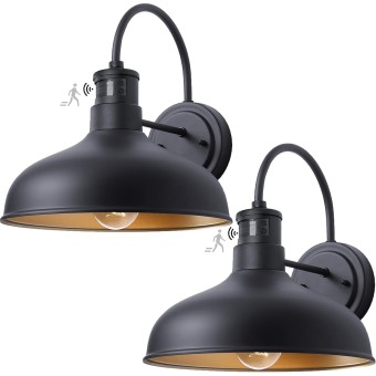 Motion Sensor Gooseneck Light with 12 Inch Dome, Outdoor Barn Style Lights for Farm House, 2 Pack Exterior Motion Wall Lighting, Black and Gold Wall Sconce for Garage Door