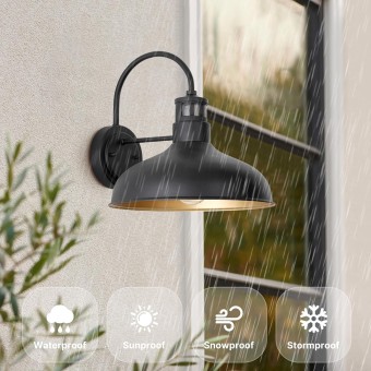 Motion Sensor Gooseneck Light with 12 Inch Dome, Outdoor Barn Style Lights for Farm House, 2 Pack Exterior Motion Wall Lighting, Black and Gold Wall Sconce for Garage Door