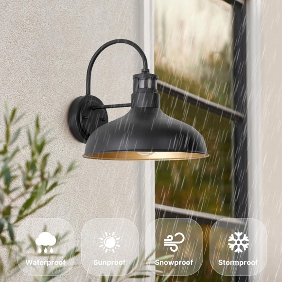 Motion Sensor Gooseneck Light with 12 Inch Dome, Outdoor Barn Style Lights for Farm House, 2 Pack Exterior Motion Wall Lighting, Black and Gold Wall Sconce for Garage Door